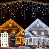 YOSION 500 LED Icicle Lights 15M/49ft – Warm White & White Colour Changing Curtain String Lights with Remote, Timer & Dimming for Christmas, Gardens & Gazebos - Turn Bare Spaces Into a Winter Glow