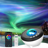 Astronomy projector with smartphone app and remote control against a colorful aurora background.