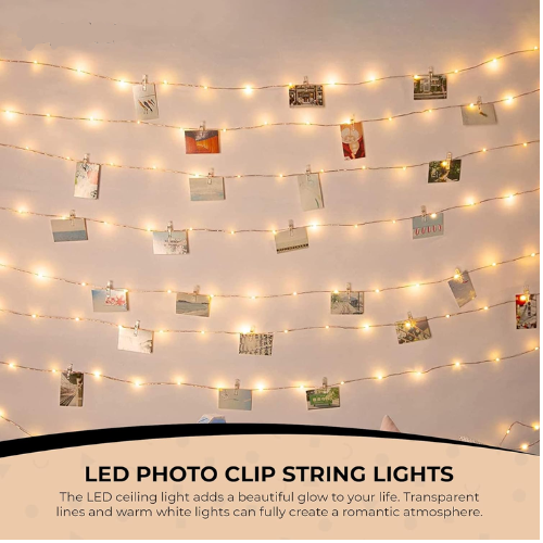 Close-Up of LED Lights with Photo Clips Illuminating Pictures