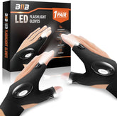 Black LED flashlight gloves with packaging displaying brand name and product details.