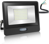 Black LED flood light with visible wiring on a white background