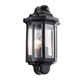 Black outdoor wall lantern mounted by a front door.