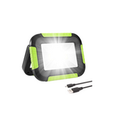 Black and green portable LED work light with USB cable on a white background