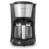Black and silver Morphy Richards coffee maker on a white background