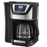Black and silver coffee maker with digital display on a white background