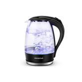 Black electric kettle with clear glass body on a white background, featuring the Aigostar brand.