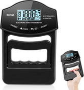 Black electronic hand dynamometer with digital display on a white background