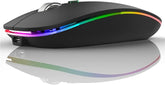 Black gaming mouse with RGB lighting on a reflective surface