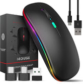 Black gaming mouse with RGB lighting, USB cable, and packaging on a white background