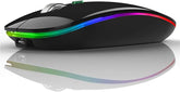 Black gaming mouse with RGB lighting on a reflective surface
