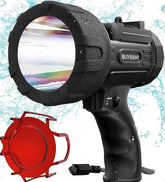 Black handheld spotlight with rainbow effect on a light blue background, featuring the brand 'Buysight'.