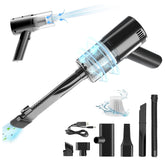 Black handheld vacuum cleaner with attachments on a white background