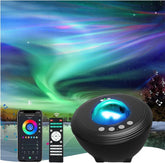 Black light projector with remote control and smartphone app on a scenic background