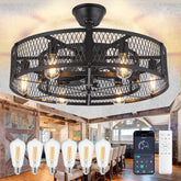 Black metal chandelier with vintage light bulbs and smartphone app on a dining room background