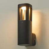 Black outdoor wall light fixture on a neutral background