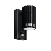 Black outdoor wall light fixture with motion sensor on a white background