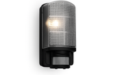 Black outdoor wall light with motion sensor on a white background