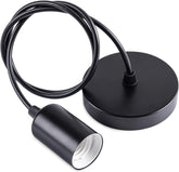 Black pendant light fixture with cable on a white background