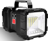 Black portable work light with visible LED components on a white background