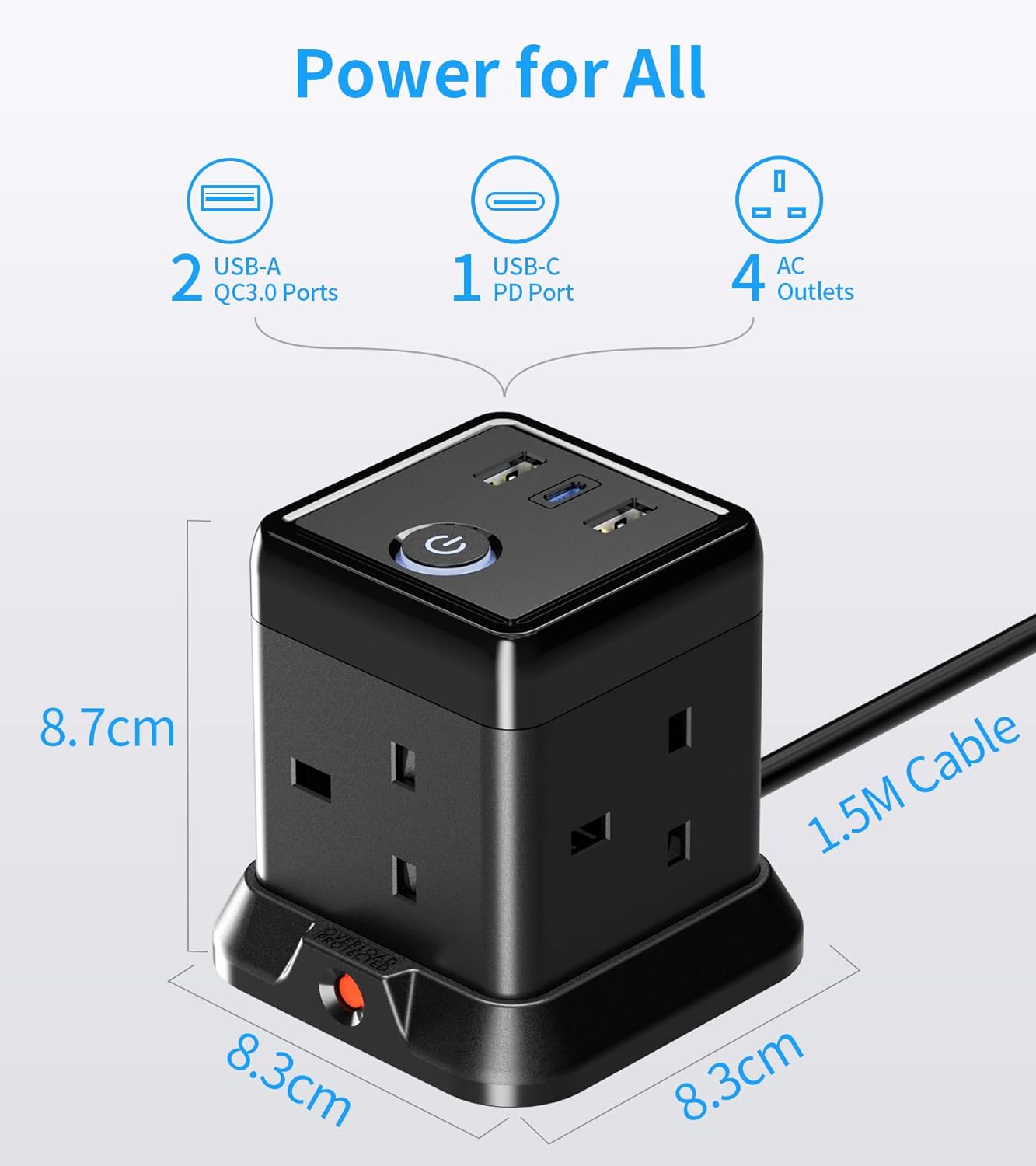 Black power strip with multiple ports and cables on a light blue background