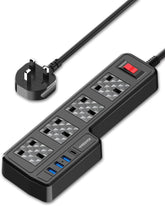 Black power strip with multiple outlets and USB ports on a white background