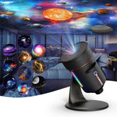 Black projector displaying colorful cosmic images in a room with a cityscape view.