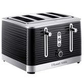 Black toaster with silver accents on a white background, featuring the Russell Hobbs logo.