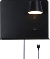 Black wall-mounted lamp with USB port and cable on a white background