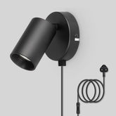 Black wall-mounted lamp with plug on a gray background