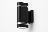 Black wall-mounted outdoor light fixture on a white background