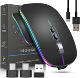 Black wireless mouse with colorful gradient, USB cable, and packaging on a white background