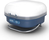 Blue and white device with mode and power buttons on a white background