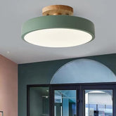 Modern wood flush mount LED ceiling light in a cozy living room