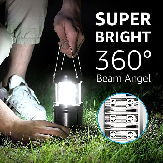 Portable camping torch glowing in dark