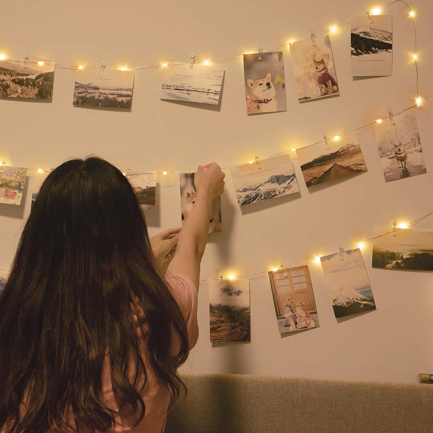 Close-Up of LED Lights with Photo Clips Illuminating Pictures