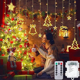 Close-up of warm white and multicolour LED curtain fairy lights