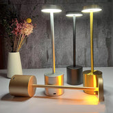 Close-up of metal touch table lamp with adjustable brightness