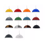 Side view of the metal dome pendant light hanging from the ceiling