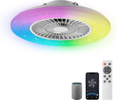 Ceiling fan with RGB lighting, remote control, and smartphone app on a white background