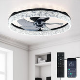 Ceiling fan with crystal accents and remote control in a room setting