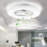 Ceiling fan with light fixture and remote control in a modern room setting