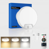 Ceiling lamp with packaging, light color options, and remote control on a white background