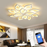 Ceiling light fixture in a living room with remote control and smartphone app.