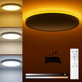 Ceiling light fixture with different color options and a remote control on a brown background.