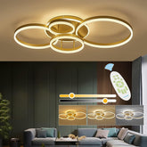Ceiling light fixture with remote control and lighting options displayed in a living room setting.