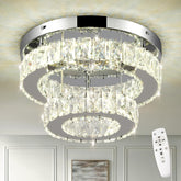 Chandelier with crystal accents and remote control on a neutral background