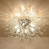 Chandelier with crystal accents on a beige ceiling
