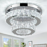 Chandelier with crystal accents on a ceiling in a room with windows and decor.
