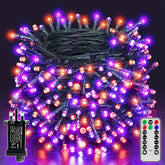 Coiled string lights with multicolor bulbs, power adapter, and remote control on a dark background.