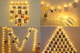 Collage of decorative string lights with photo frames on various shapes.